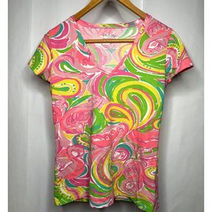 Lilly Pulitzer Pink Flamingo Short Sleeve V-Neck T-Shirt Multi-Colored Hot Pink